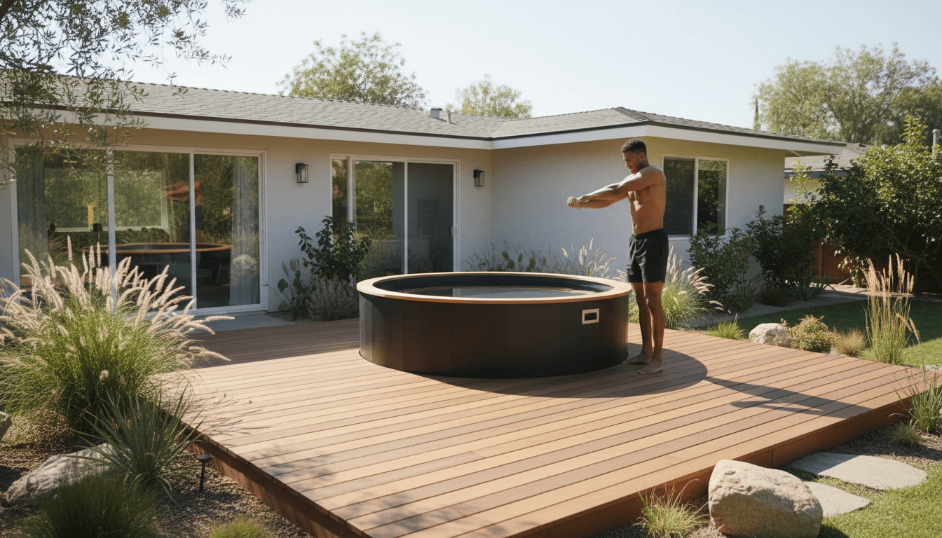 Cold plunge pool with crystalline water and minimalist deck, cool blue tones, athletic recovery setting