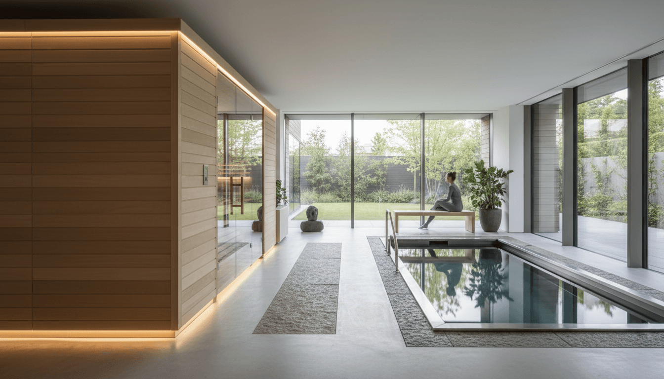 Sauna and cold plunge setup side by side in a residential backyard, contrast of warm and cool environments, wellness sanctuary