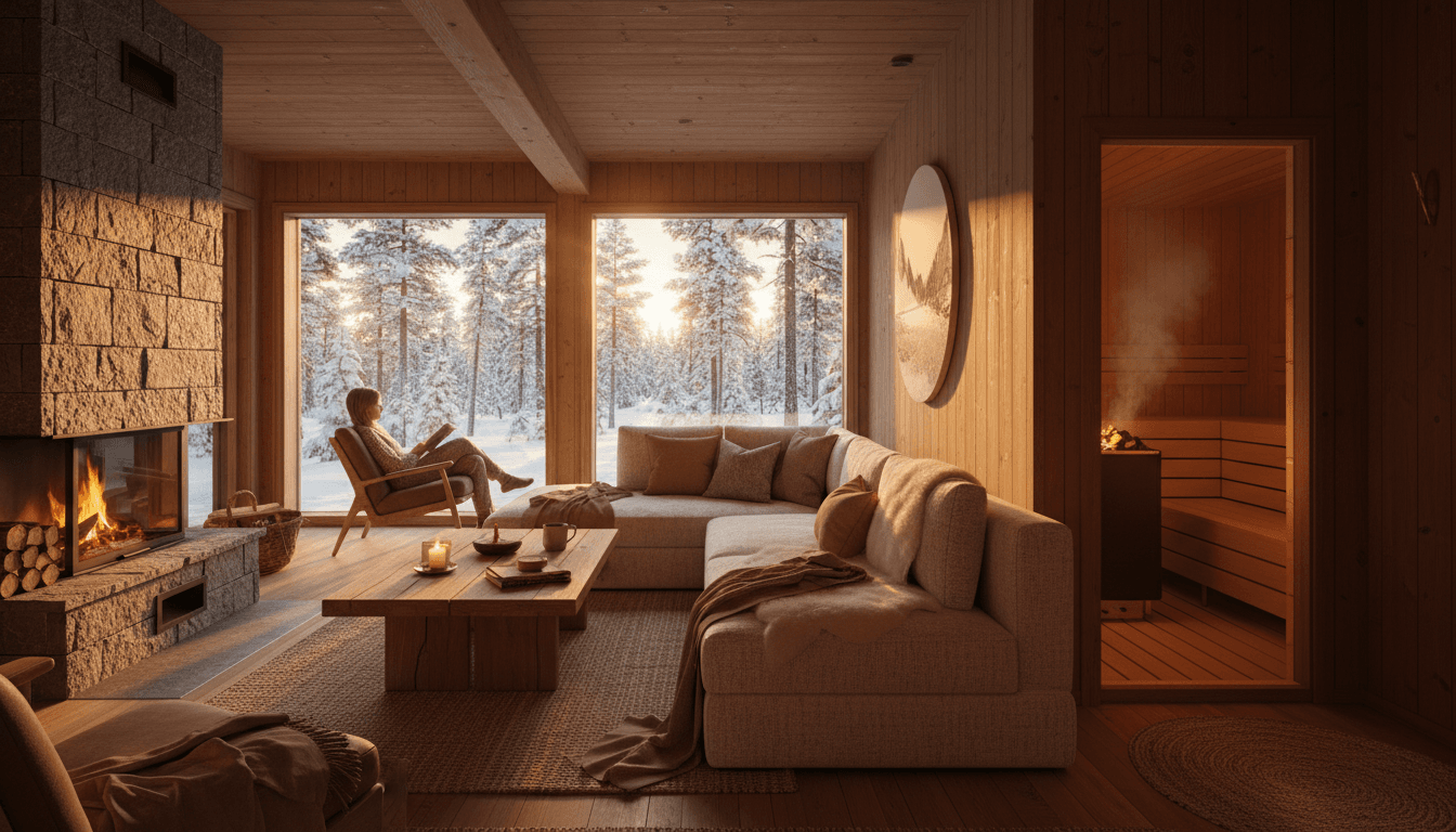 Nordic sauna interior with wooden benches and soft golden light, minimalist Scandinavian design, warm steam rising