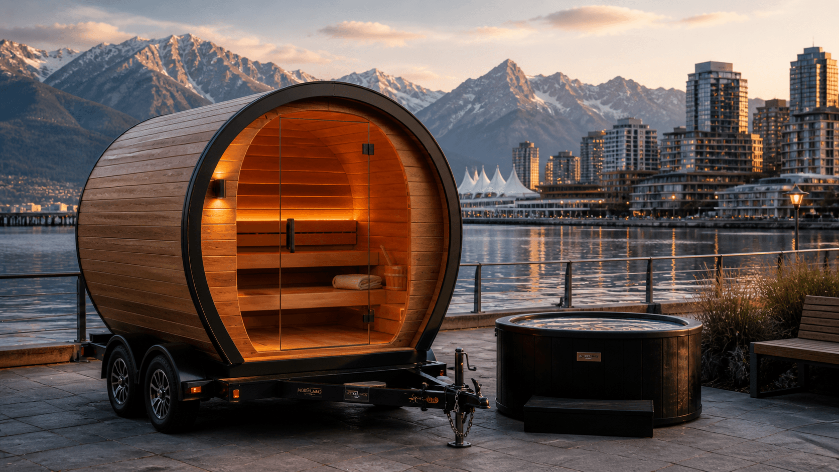 Mobile barrel sauna and hot tub overlooking a city skyline and snow-capped mountains.