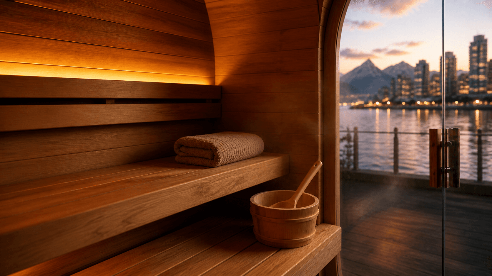 Modern wooden sauna interior with a bucket and towel, overlooking a scenic city at sunset.