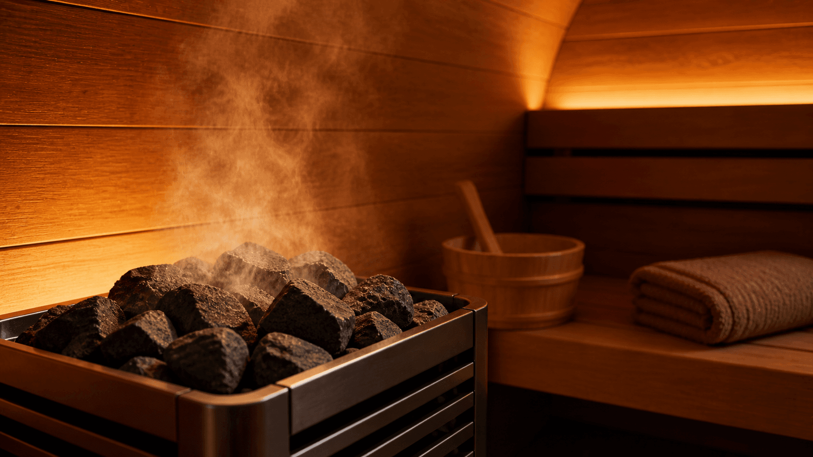 Steam rising from hot stones in a cozy wooden sauna with a bucket and towel.