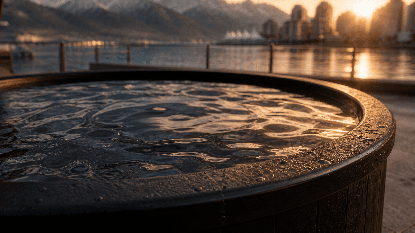 Hot tub with rippling water reflecting golden sunset light, overlooking a city and mountains.